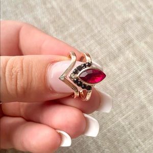 Set of 2 Rose Gold Rings • Ruby Red Marquise w/ Black & White Rhinestones • NEW